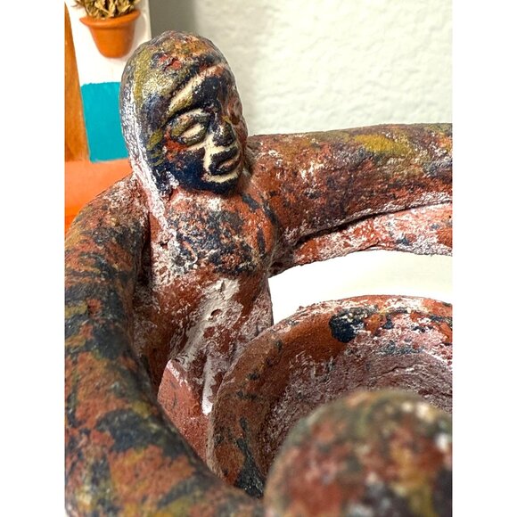 Aztec Mayan Circle of Friends Candle Holder Red Clay Mexican Pottery Vintage Dec - Picture 5 of 11